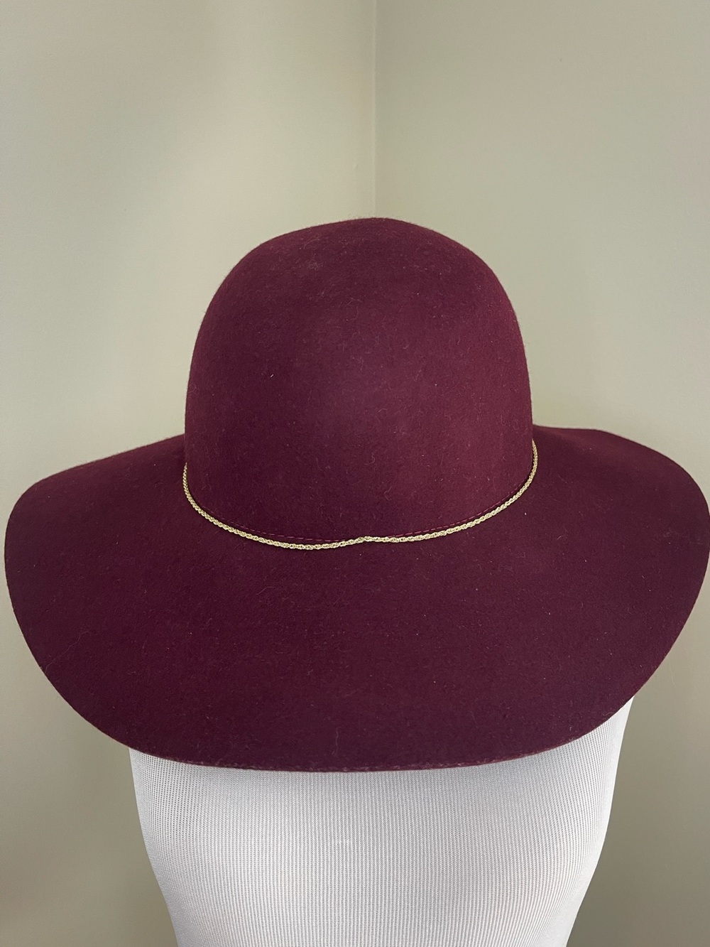Burgundy 100% Wool Wide Brim Floppy Hat Gold Cord Boho Festival